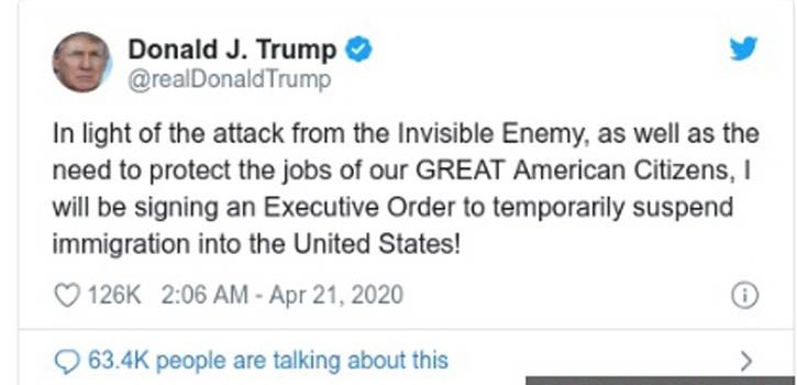 Trump to suspend immigration to US amid pandemic